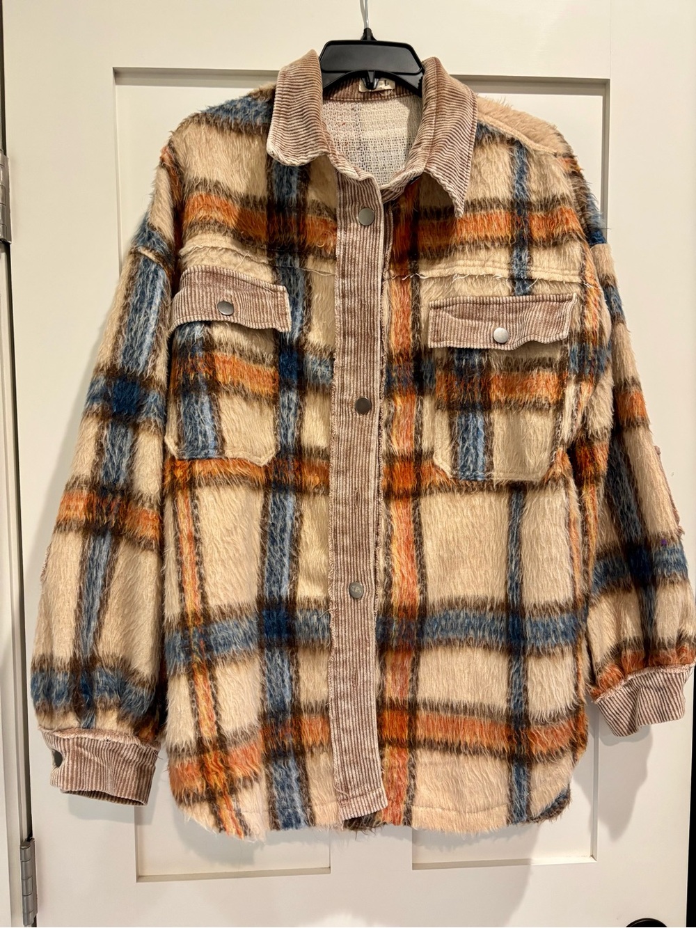 POL Plaid Faux-Fur Shacket in Beige with Blue & Rust Accents